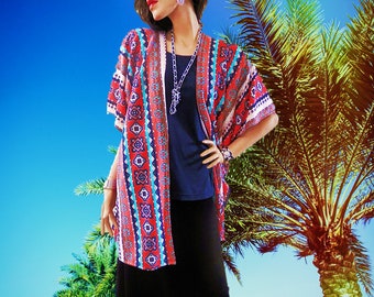 New Orange & Turquoise Tribal Print Kimono Cardigan/Boho Kimono/Cover Up/Lightweight Jacket/Cocoon Cardigan/Plus Size Wrap/Mothers Day/Shawl