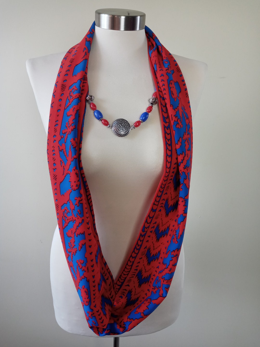 Red & Blue Infinity Scarf With Detachable Necklace - Etsy