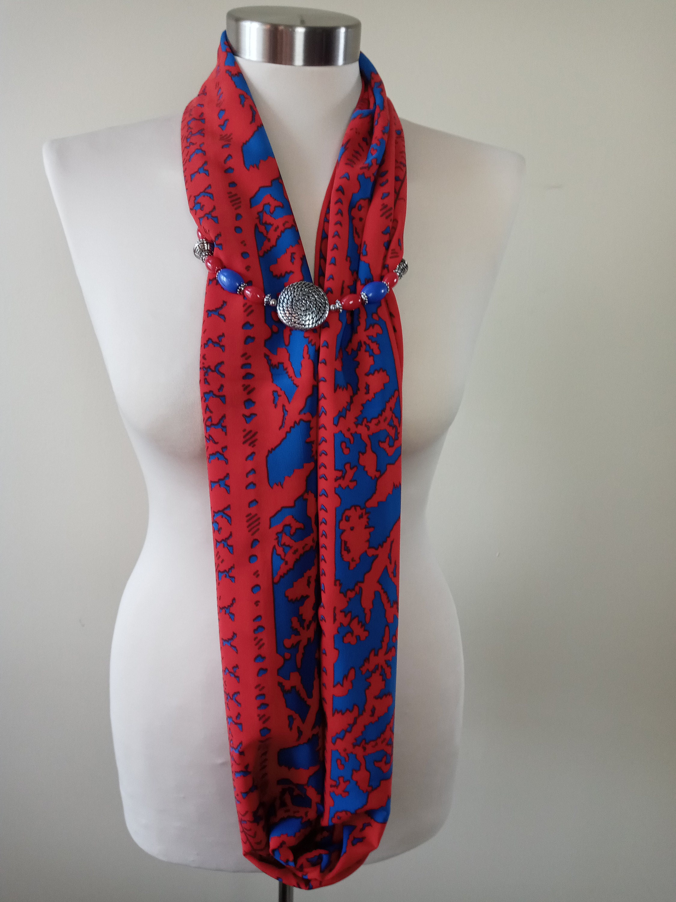 Red & Blue Infinity Scarf With Detachable Necklace - Etsy