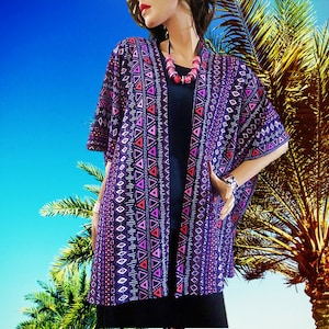 New Pink Purple and Black Kimono Cardigan/Boho Kimono/Cover Up/Lightweight Jacket/Tribal Print Kimono/Cocoon Cardigan/Plus Size/Women Duster