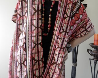 Coral & Brown Aztec Print/Kimono Cardigan/Boho Kimono/Oversize Cover Up/Lightweight Jacket/Cocoon Cardigan/Shawl/Women Cape/Duster/Plus Size