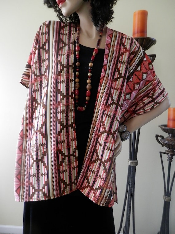 Coral \u0026 Brown Aztec Print/Kimono Cardigan/Boho Kimono/Oversize Cover Up/Lightweight Jacket/Cocoon Cardigan/Shawl/Women Cape/Duster/Plus Size