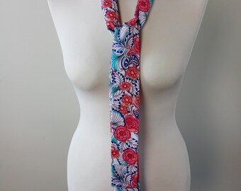 Floral Skinny Scarf: Coral Turquoise Neckerchief, Hair Accessory