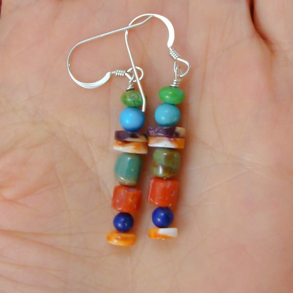 Handmade Native American Turquoise Multi Bead Dangle Earrings, Handmade Jewelry Gift For Her