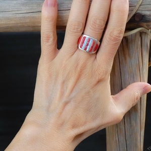 以下が含まれることがあります： 赤と白の石が埋め込まれた銀の指輪。指輪は手の指先につけられている。