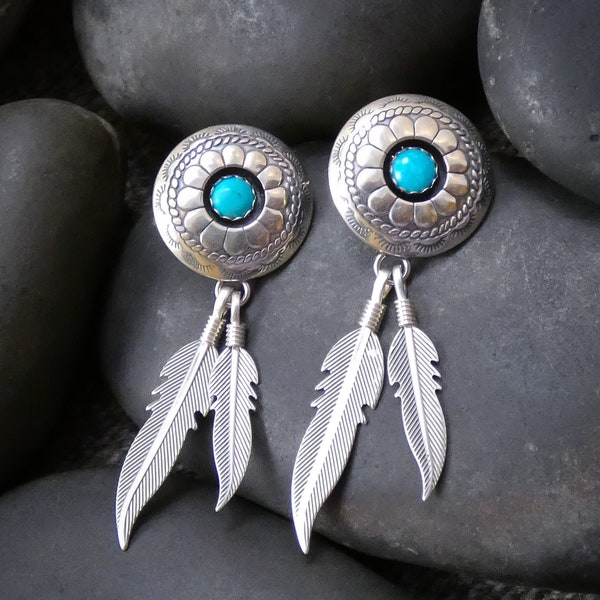 vintage Boucles d'oreilles pendantes navajo argentées turquoise Shadow Box plumes, m