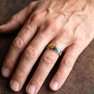 Navajo Turkoois Ring: Native American Heren Zilveren Ring met Spiny Oyster Meervoudige Inleg, Verkrijgbaar in Meerdere Maten
