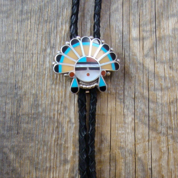 Zuni Headdress Melon Shell Multi Inlay Bolo Tie, Handmade Gift