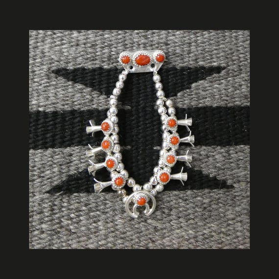 Coral Squash Blossom Pin: Sterling Silver Native American Navajo Naja Brooch