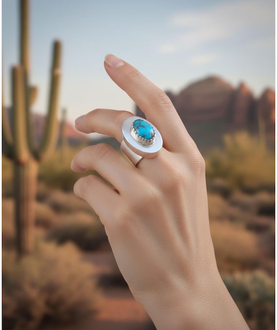 Natural Turquoise Ring: Navajo Turquoise Sterling Silver Statement Ring Sizes 5.25, 7, 9