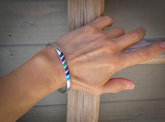 Sterling Silver Turquoise Lapis Sugilite Multi Inlay Bangle Bracelet, Made In Mexico