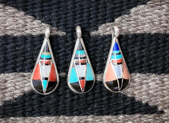 Navajo Turquoise Coral Multi Inlay Silver Pendant