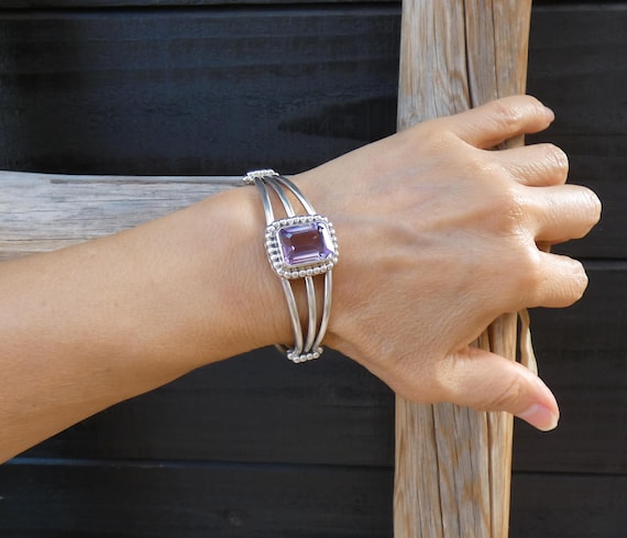 Native American Handmade Sterling Silver Bracelet Emerald Cut Amethyst Navajo Bracelet For Women