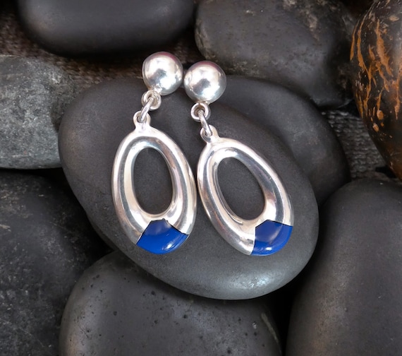 Southwestern Sterling Silver Lapis Post Dangle Earrings, Jewelry Gift