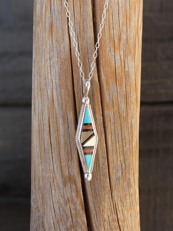 Native American Zuni Turquoise Mother of Pearl Multi Inlay Silver Pendant