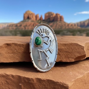 Broche kokopelli en argent sterling navajo et malachite, amérindienne
