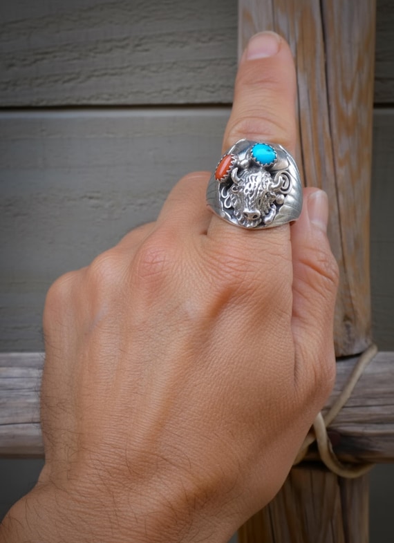 Navajo Silver Turquoise Coral Buffalo Men's Ring Size 11.75