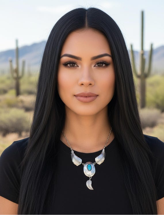 Turquoise Navajo Necklace, Native American Sterling Silver Turquoise Feather Necklace For Women