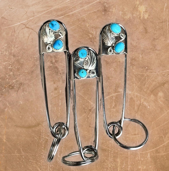 Native American Navajo Turquoise Silver Safety Pin Keychain