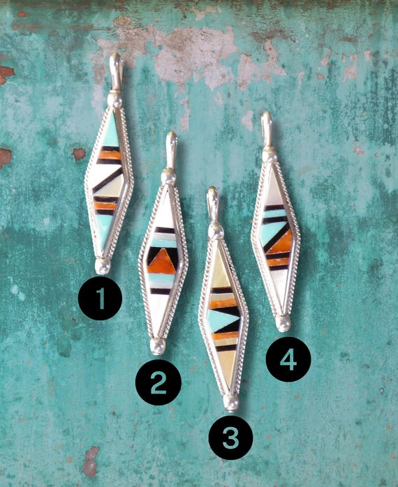 Zuni Turquoise Multi Inlay Signed Pendant, Native American 925 Sterling Silver Jewelry