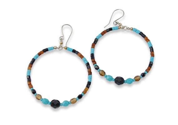 Southwestern Turquoise Glass Bead Circle Dangle Earrings, s, Handmade Jewelry For Her