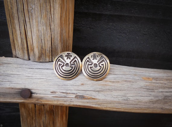 Native American Hopi 14K Gold Silver Sterling Silver Man in the Maze Post Earrings