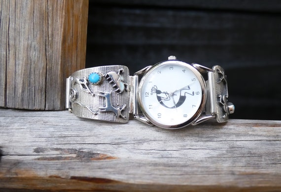 Navajo Men's Sterling Silver Turquoise Petroglyph Native American Cave Art Watch