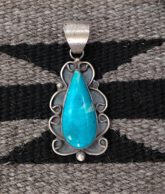 Navajo Sterling Silver Natural Turquoise Large Teardrop Pendant, Native American Jewelry Gift For Her