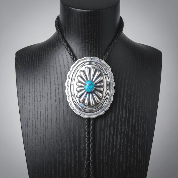 Native American Turquoise Sterling Silver Navajo Concho Bolo Tie