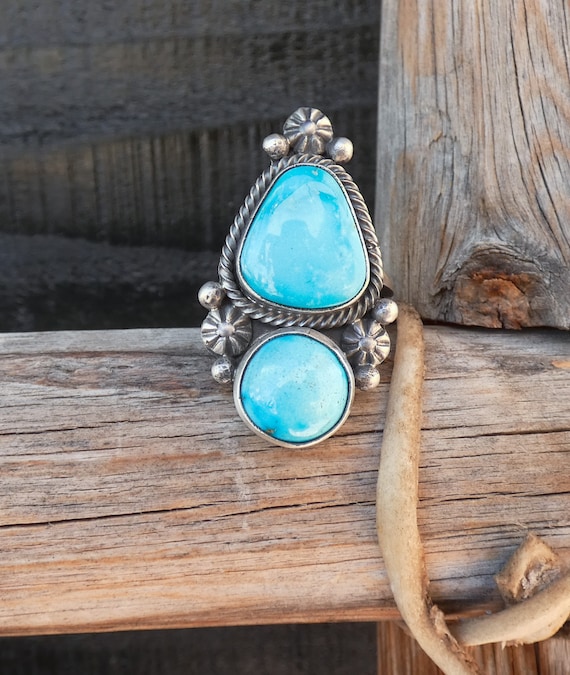 Navajo Turquoise Ring, Natural Turquoise Ring For Women, Native American Sterling Silver Ring Size 7.5, Gift For Her