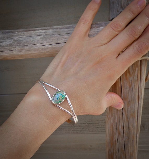 Native American Navajo Sterling Silver Turquoise Minimalist Cuff Bracelet, Jewelry Gifts