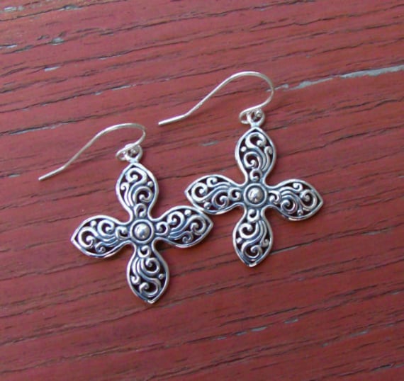 Delicate Filigree Cross Sterling Silver Dangle Earrings, Gifted Jewelry