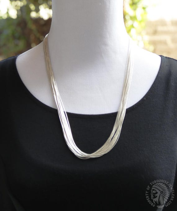 20 Strand Liquid Silver Layered Necklace Native American 24 Inch, Jewelry Gift For Her