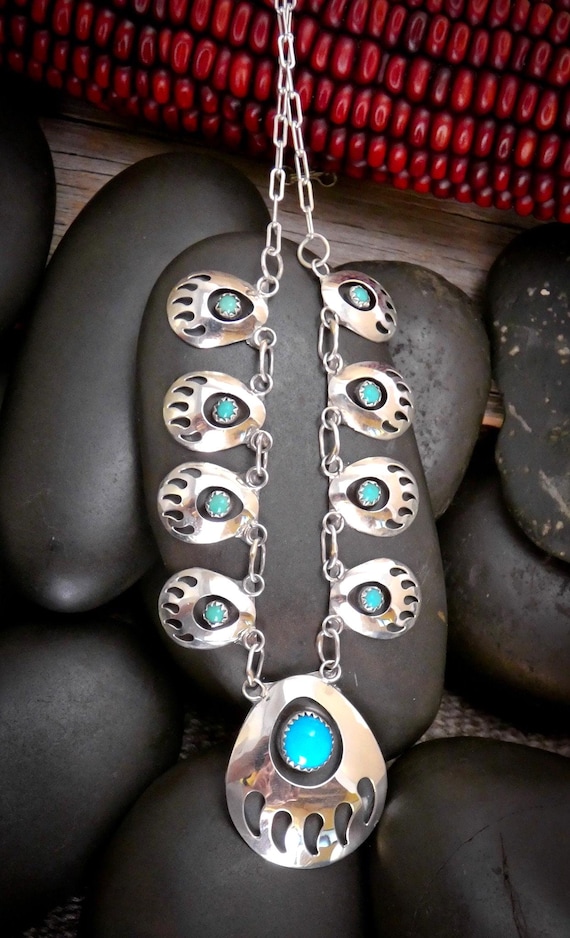 Navajo Turquoise Necklace Gift For Her Sterling Silver Shadow Box Bear Paw Necklace Earrings Set