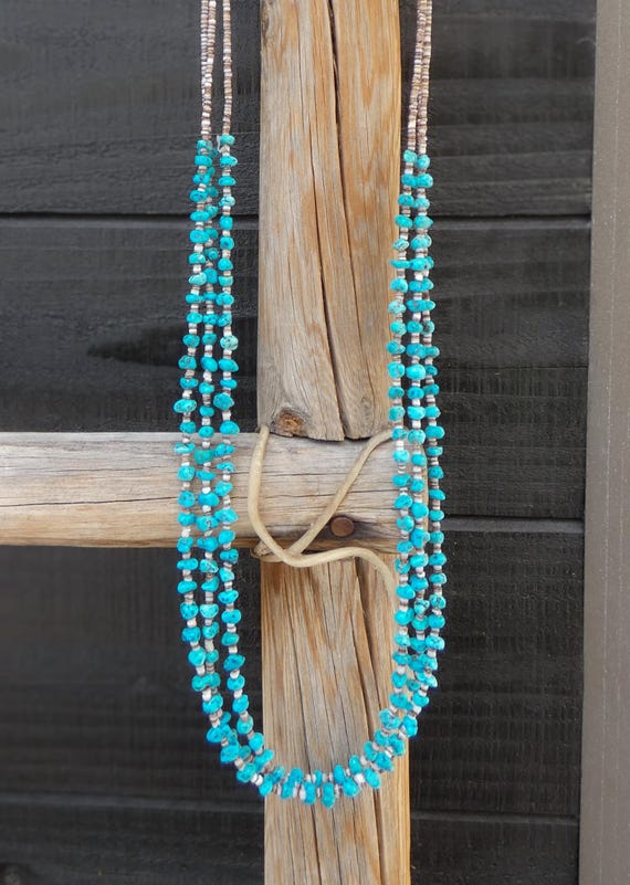 Native American Turquoise 3 Strand Turquoise Bead Necklace, Santo Domingo
