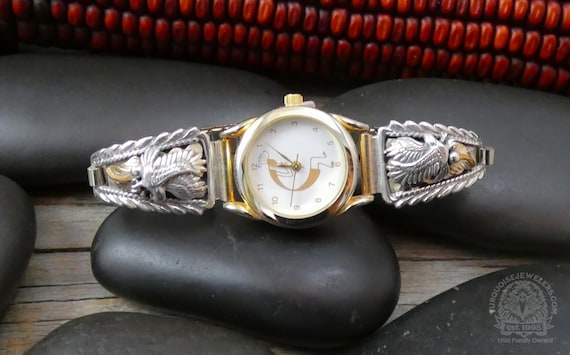 Native Navajo 12KGF Sterling Silver Women's Eagle In Flight Watch Band