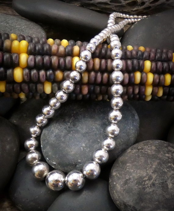 Sterling Silver Bead Necklace 29.5 Inch, Navajo Pearl Bead Necklace, Handmade Southwestern Jewelry Necklace For Women