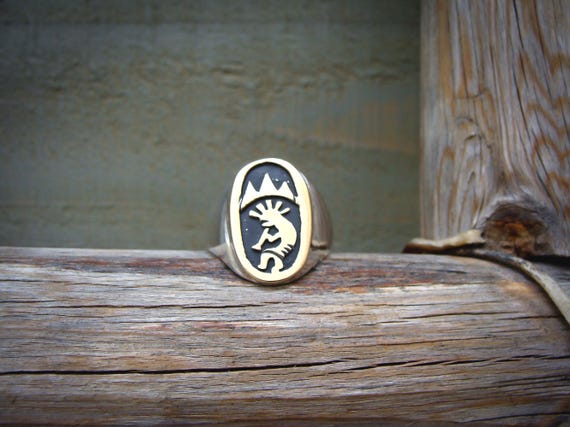 Native American Navajo Silver 14K Gold Kokopelli Men's Ring Size 11.75, Handmade Gift For Him