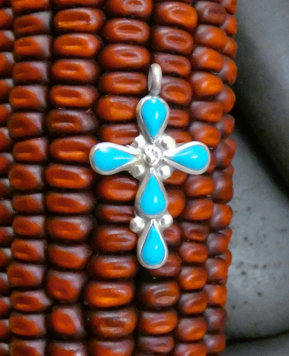 Vintage Zuni Turquoise Cross Pendant: Sterling Silver Native American Jewelry