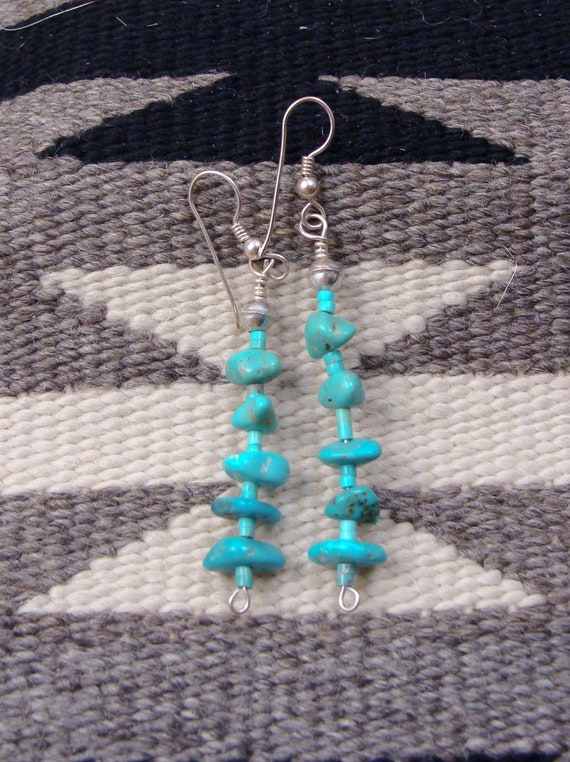 Native American Navajo Jewelry Hand Beaded Turquoise Dangle Earrings 
