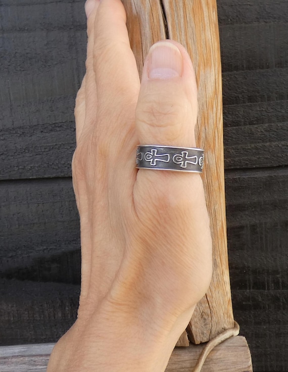 Sterling Silver Cross Band Ring Size 8 & 10.75 - Ankh Symbol of Life Cross Ring - Eternal Life Thick Band - Anniversary Gift