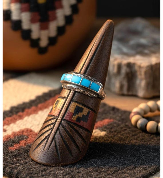 Zuni Turquoise Band Ring: Native American Sterling Silver Natural Turquoise Band Ring Sizes 5.5 - 7