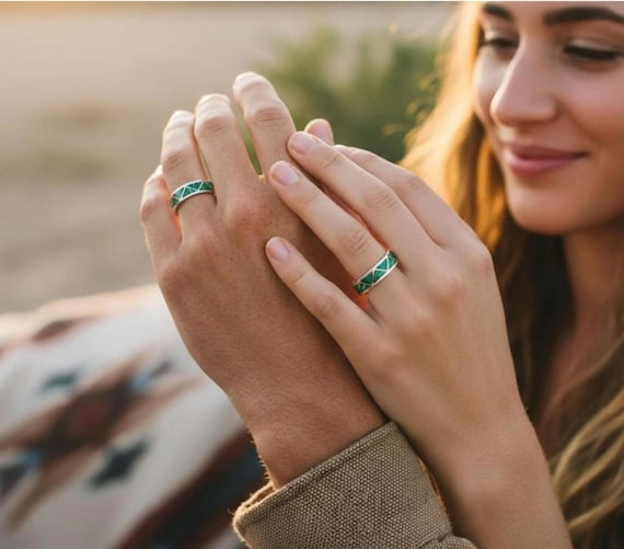 Zuni Green Malachite Band Ring: Vintage Native American Sterling Silver Wedding Anniversary Band Ring