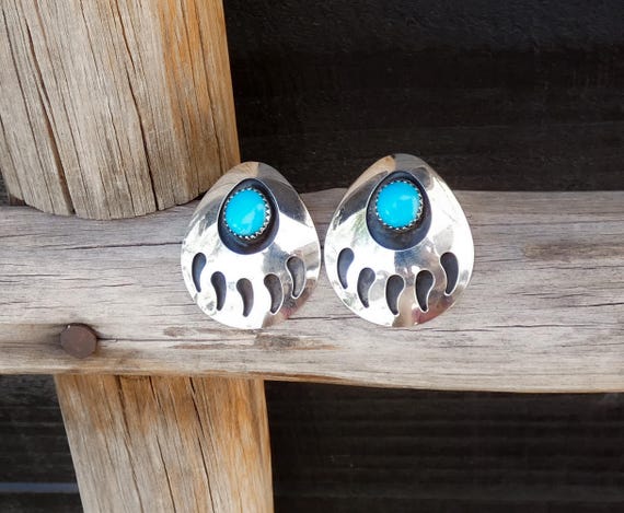 Navajo Sterling Silver Large Bear Paw Shadow Box Turquoise Drop Earrings