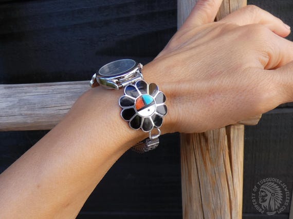 Zuni Silver Onyx Turquoise Multi Inlay Sunface Watch Band, Native American