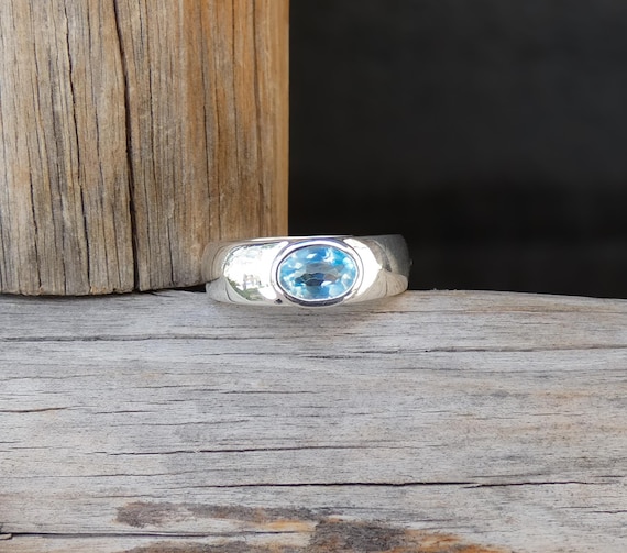 Simple Sterling Silver Oval Topaz Band Ring For Women Size 7