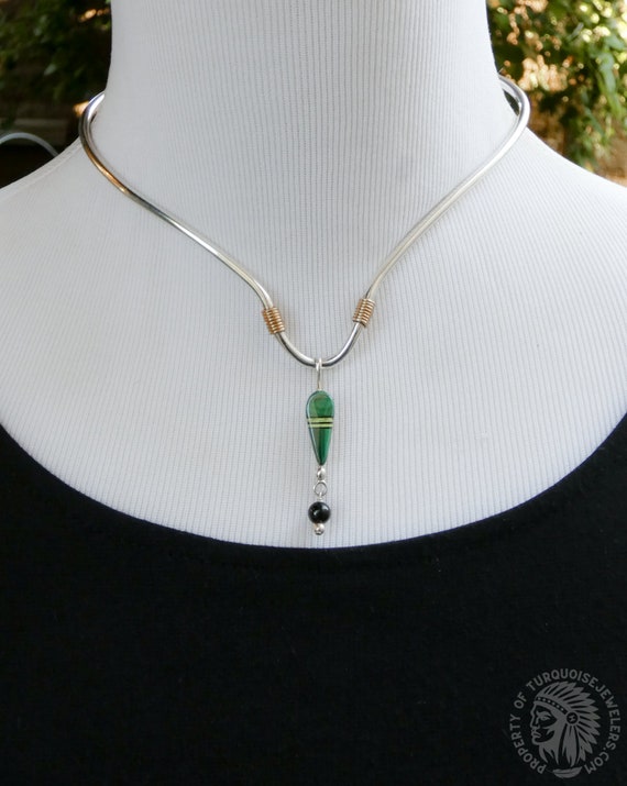 Native American Vintage Sterling Silver Malachite Gaspeite Inlay Onyx Collar Necklace, Handmade Jewelry Gift For Her