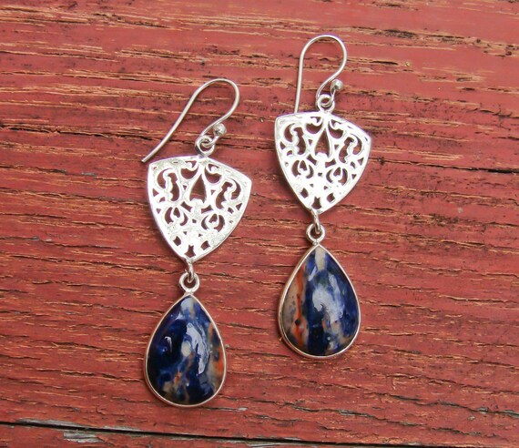 Sodalite Silver Minimalist Dangle Earrings - Tradi