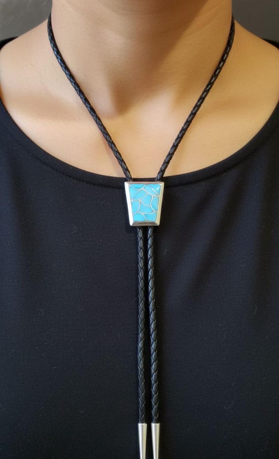 Zuni Bolo Tie: Vintage Native American Sterling Silver Turquoise Channel Inlay Bolo Tie
