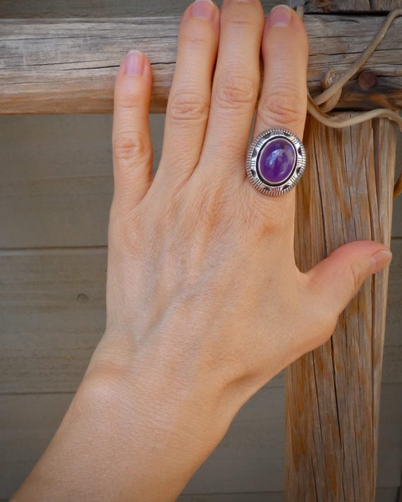 Women's Native American Handmade Sterling Silver Oval Amethyst Ring Size 7, Handmade Jewelry Gift